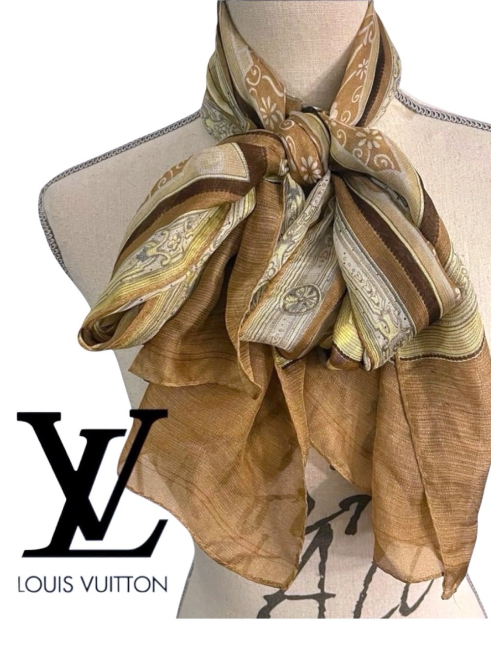 Louis Vuitton 100% Silk Multitone Brown/Gold/Cream Scarf (21"x70")